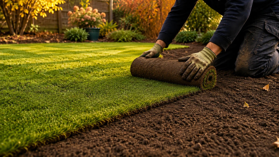 Person placing a roll of turf down to be laid in the garden with half the grass laid and the other half topsoil ready to have turf laid on an autumn day 